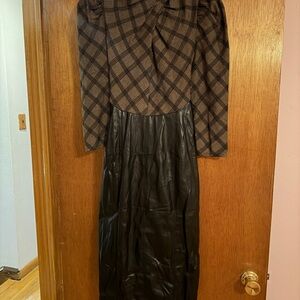 New York & Company Brown Plaid and Black Faux Leather Midi Dress